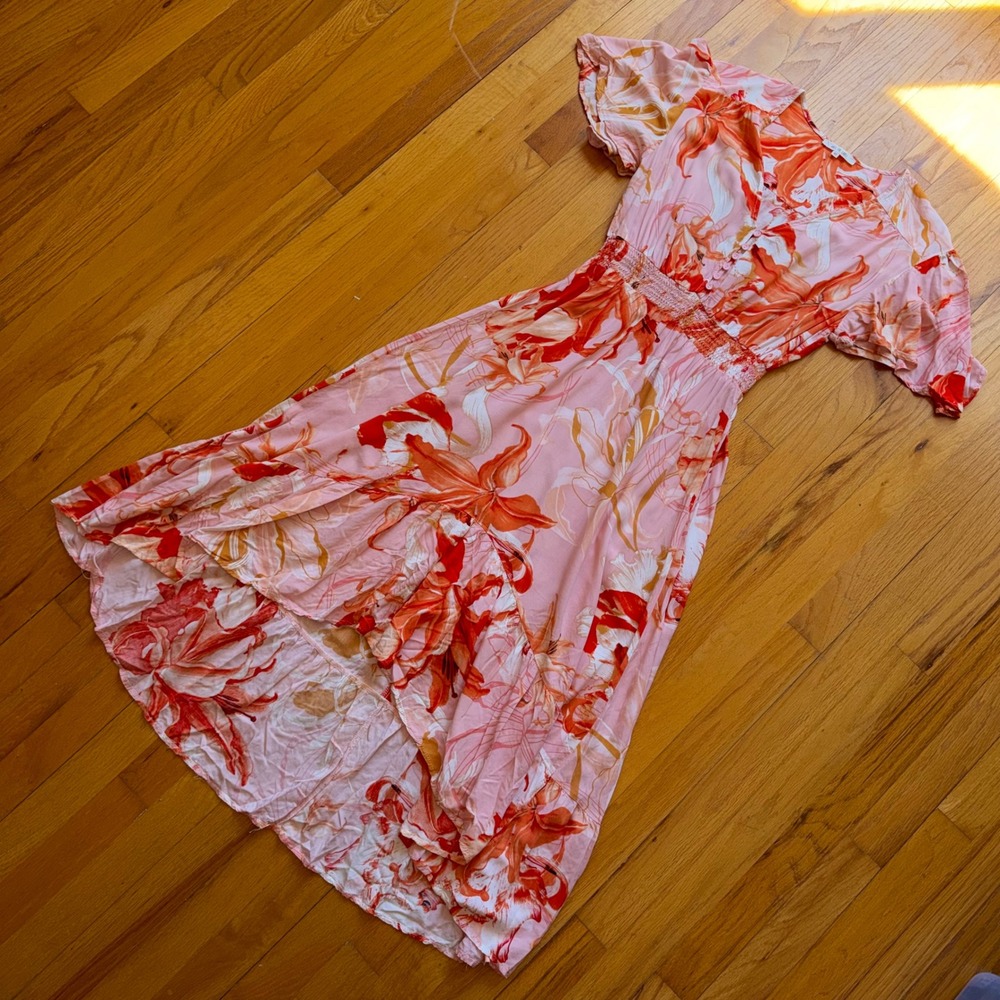 Abel the Label Pink Orange Floral High Low Maxi Dress Smocked Waist M Beach Boho - Picture 11 of 12